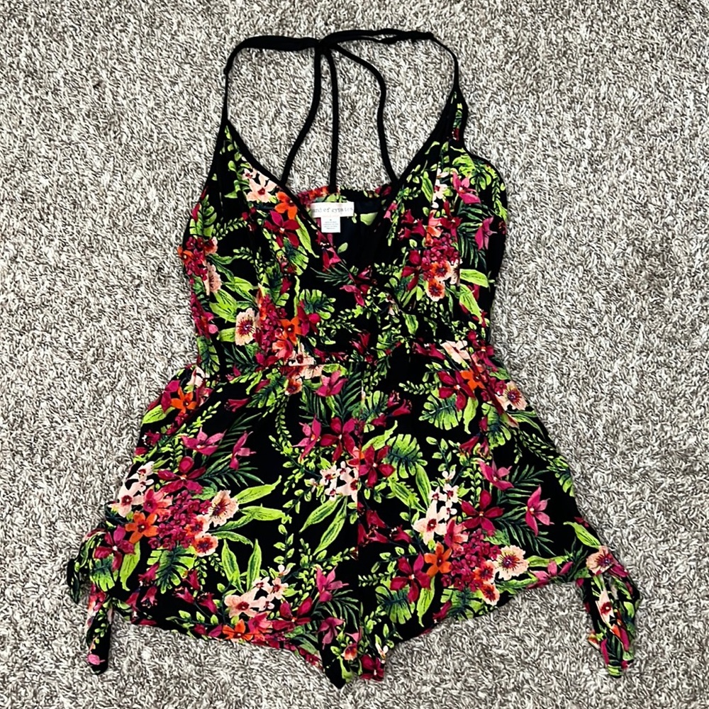 Green Pink Floral Romper, Size Small